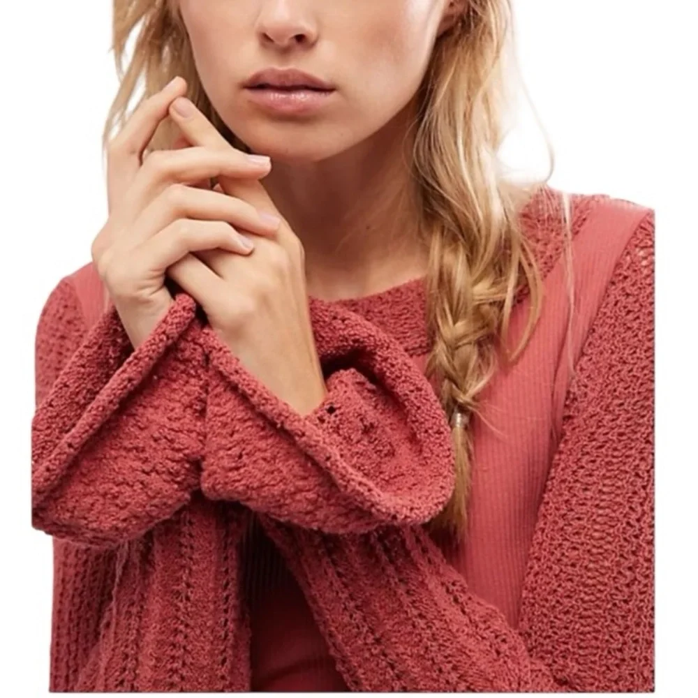 Free People Cuffing Season Crochet Bell Sleeve Ribbed Knit Top in Dusty Cedar S